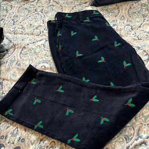 Men's Navy Vintage Corduroy Pants with Holly Embroidery